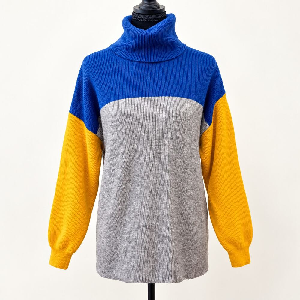 Free People Blue Gray Yellow Colorblock Turtleneck Sweater Oversized Size XS S M